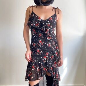 Fashion Nova Black & Red Floral Star Ruffle Maxi Dress Celestial Dark Romantic